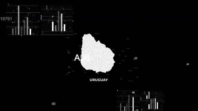 Uruguay map animation showcasing economy, infrastructure, technology, population, energy, trade, and national development data for presentations, films, documentaries, and motion graphics.