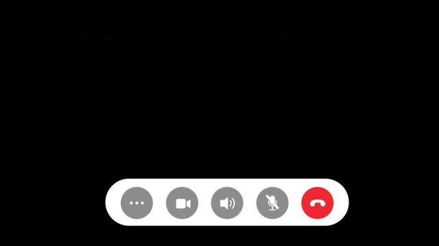 Video call control bar animation, white gray icons mute camera speaker end call button on black background, mobile interface overlay 4K