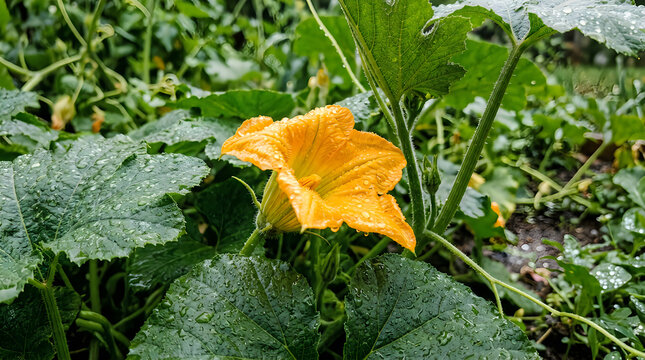 A vibrant yellow pumpkin flower blooming in a lush green vegetable garden during summer
