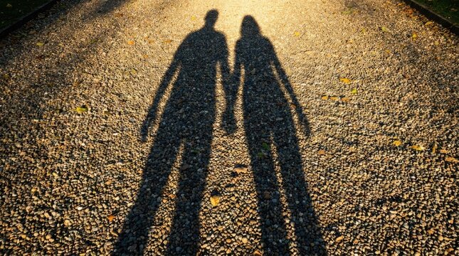 Shadow of a romantic couple holding hands on a pebble path