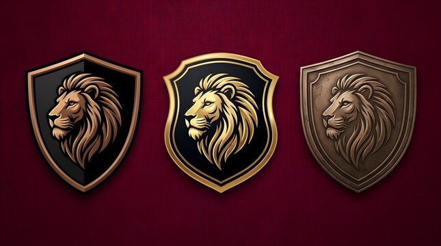 Three decorative shields with lion head emblems for heraldry design featuring bold metallic borders on dark background