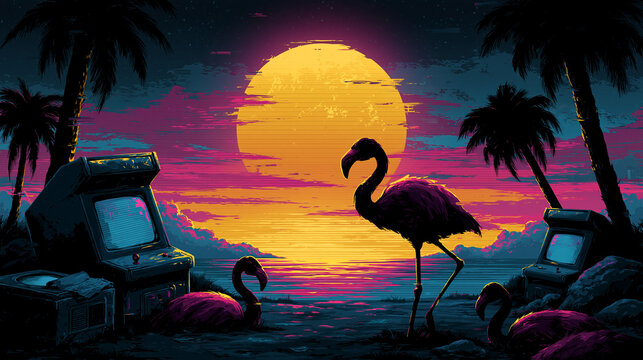 Digital art flamingo silhouettes against a large sun and game arcade machines