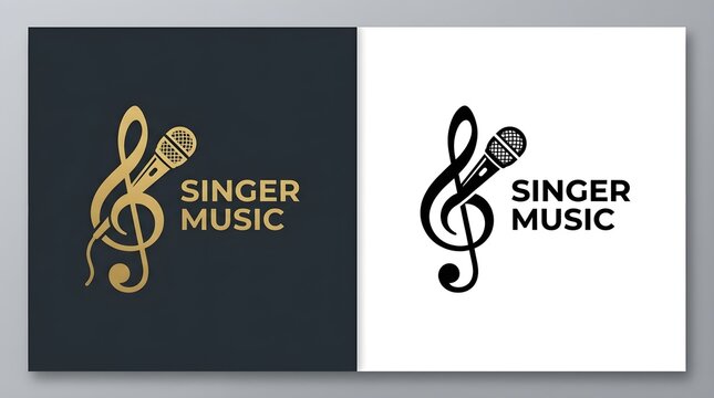 Singer music logo design with a microphone and a treble clef musical note symbol for a professional vocal studio brand