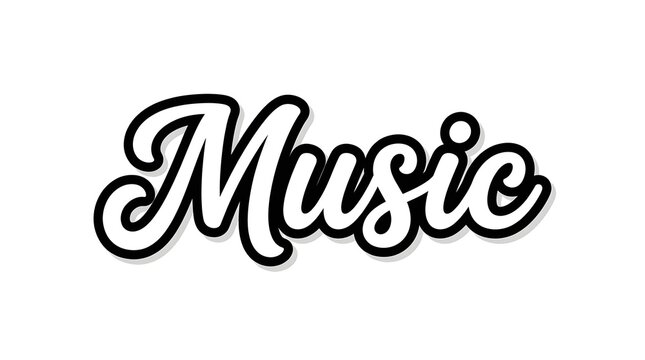 Music word written in a black and white cursive script font style for creative design projects and digital posters