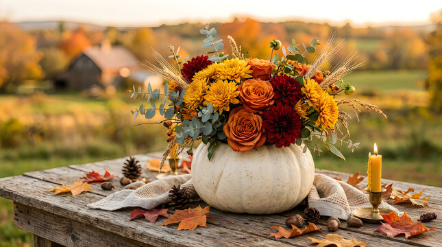 Beautiful autumn floral arrangement inside a white pumpkin on a rustic outdoor wooden table
