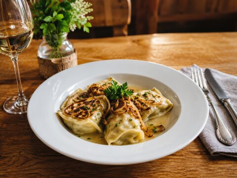 Maultaschen im deutschen Restaurant &ndash; deutscher Klassiker aus Schwaben, goldbraun gebraten und mit R&ouml;stzwiebeln, Kr&auml;utern und feiner So&szlig;e auf wei&szlig;em Teller serviert.
