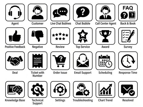 Customer service and support vector icon set featuring call center agents, live chat bubbles, feedback ratings, support ticket, knowledge base, and troubleshooting isolated on white background.