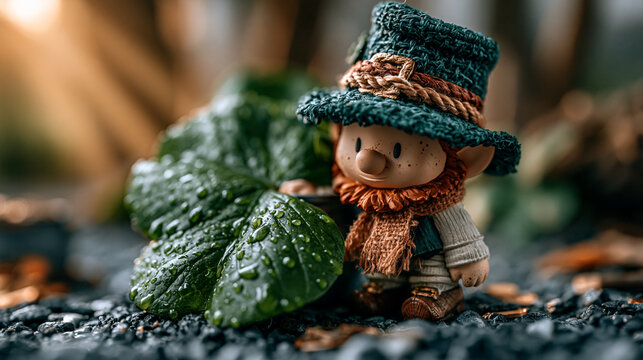 Small whimsical garden gnome figurine wearing a green hat standing by foliage