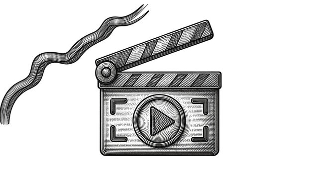 Movie clapperboard with play button and film strip accent engraving style vector illustration