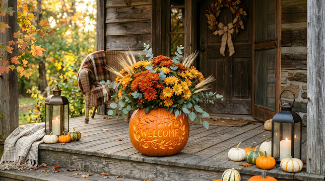 Rustic autumn porch decorated with a pumpkin flower arrangement and lanterns for fall season