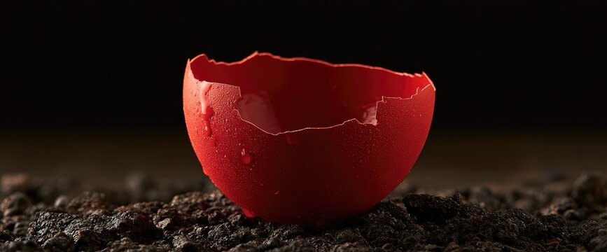 A cracked red eggshell rests on dark soil, symbolizing fragility and new beginnings.