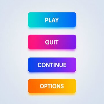 Colorful retro styled game buttons with play quit continue and options text