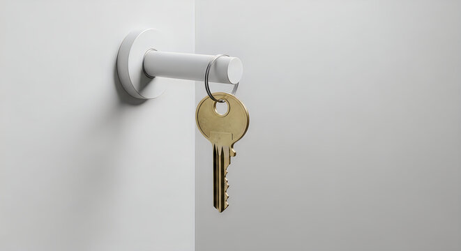 Golden key in modern door handle ready to unlock