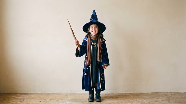 Joyful Young Girl Dressed as a Wizard Holding a Wand