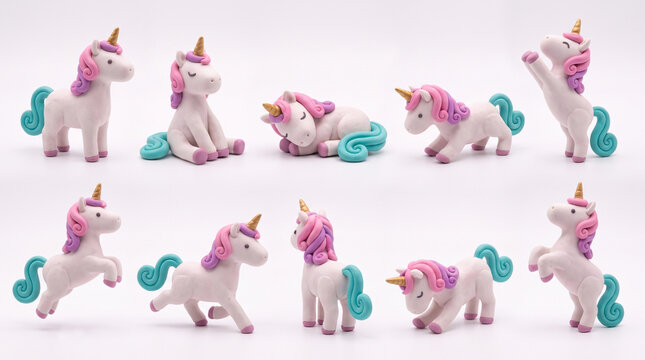 Cute mini unicorn figurines set isolated in various funny poses for fantasy kids craft design concept