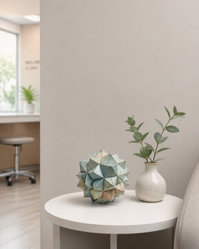 Faceted geometric sculpture and ceramic vase on white table, scientific art concept