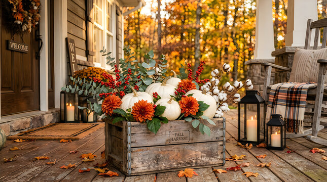 Rustic wooden crate filled with autumn flowers and pumpkins on a cozy porch at sunset