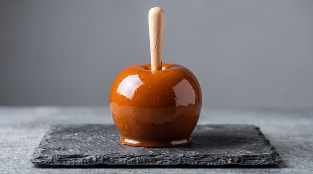 Glossy caramel apple on a slate plate with a grey background