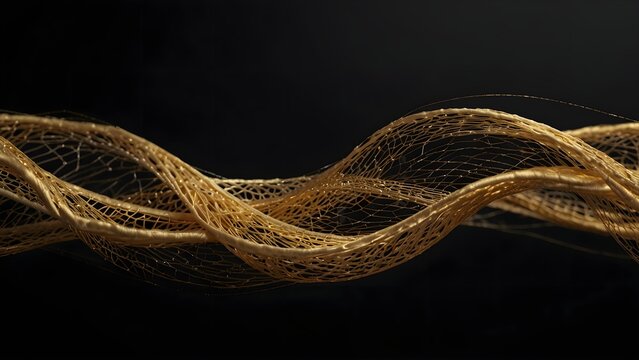 Abstract golden metallic fiber wave on black background
