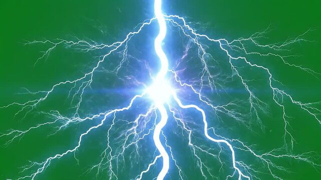 Intense electrical storm, bright energy striking down from above on green