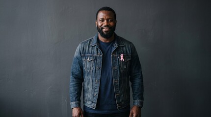 Obraz premium Man wearing denim jacket with pink breast cancer awareness ribbon