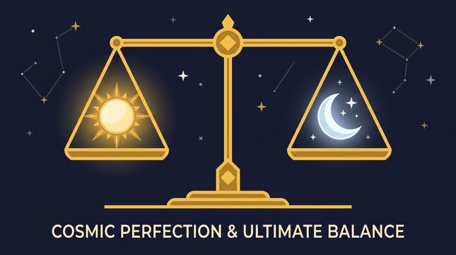 Golden celestial scale balancing sun and moon symbols against stars