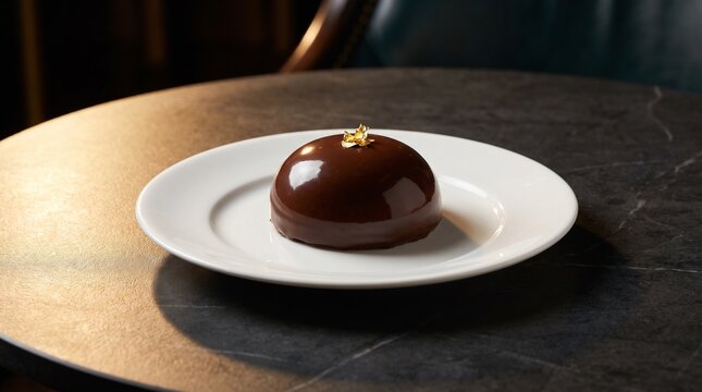 Elegant dark chocolate dome dessert with gold leaf on a white plate