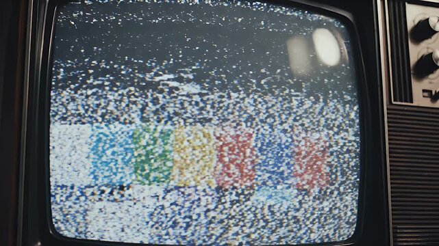 Static filled old television screen displays no broadcast signal, showing fuzzy white and black