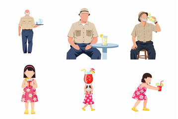 Set of elderly man and young girl drinking lemonade and cocktails in various poses, flat vector illustration isolated on white background