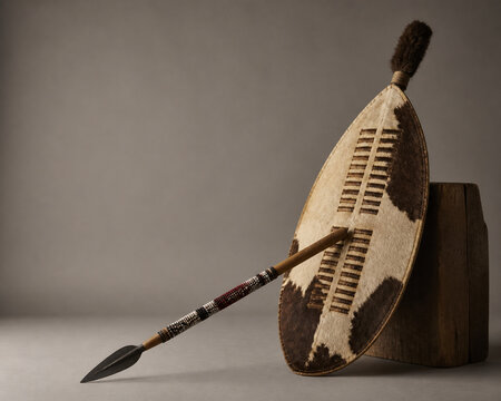 Zulu-inspired hide shield and beaded spear on studio surface, African heritage and cultural craft concept