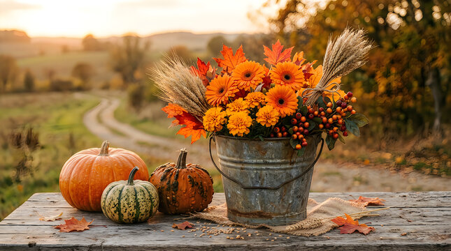 Rustic autumn still life with orange flowers and pumpkins on a wooden table outdoors