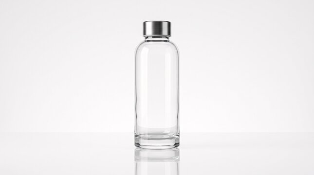Empty transparent glass water bottle with a silver metal cap on a white background.