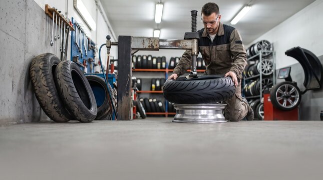 Description: A professional mechanic wearing protective safety glasses uses a manual tire changer machine to mount a new tire onto a motorcycle wheel rim inside a repair shop.