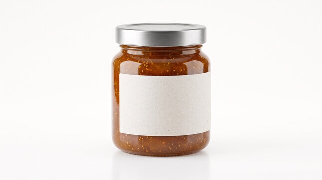 Glass jar of homemade jam with blank white label isolated on white background.