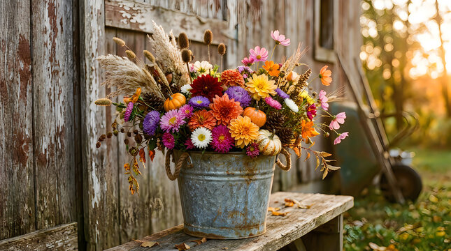A rustic metal bucket filled with vibrant autumn flowers sitting on a wooden bench