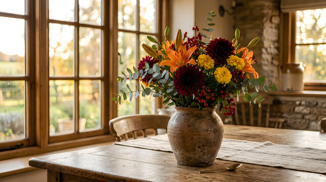 A beautiful bouquet of autumn flowers in a ceramic vase on a rustic wooden table