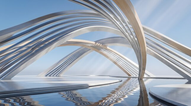 Futuristic architectural structure with curved metal arches over water