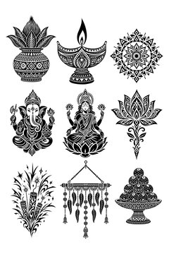Indian Hindu Religious Symbol and Decorative Ornament Vector Set with Ganesha Lakshmi Diya Lotus Mandala Kalash and Floral Elements