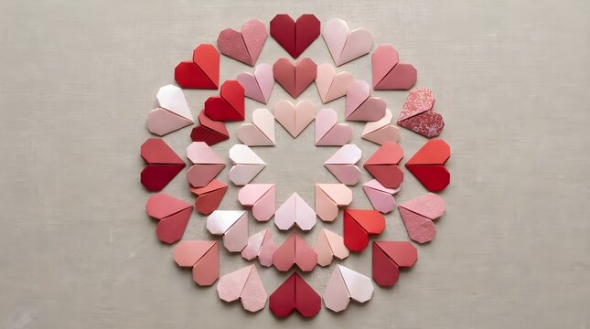 Origami Paper Hearts Arranged in Circle Flat Lay