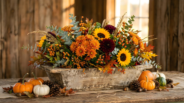 Rustic autumn floral arrangement with pumpkins and sunflowers on a weathered wooden table