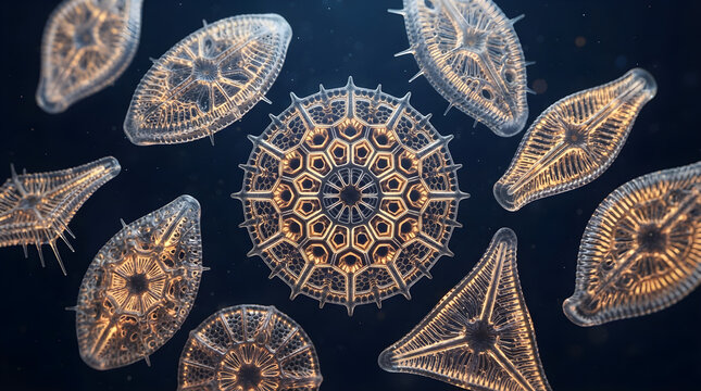 microscopic diatom structures glowing underwater scientific illustration