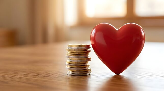 Stack of Coins Beside Red Heart Charity Symbol