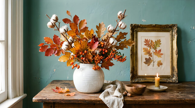 Rustic autumn bouquet of dried leaves and cotton in a white ceramic vase on table