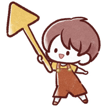 黄色い矢印を持ってガイドしている男の子