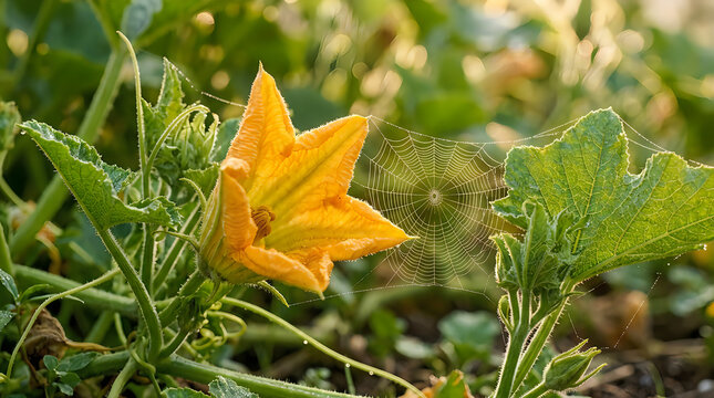 A bright yellow zucchini flower blooming in a lush organic vegetable garden in summer