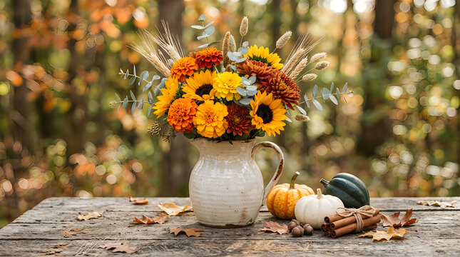Beautiful autumn flower bouquet in a white pitcher with mini pumpkins on a wooden table