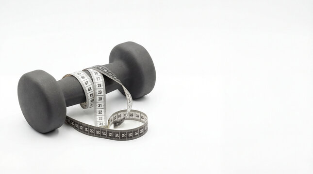 Black dumbbell wrapped with measuring tape on white background representing weight management strength training fitness planning body goals healthy lifestyle progress measurement copy space