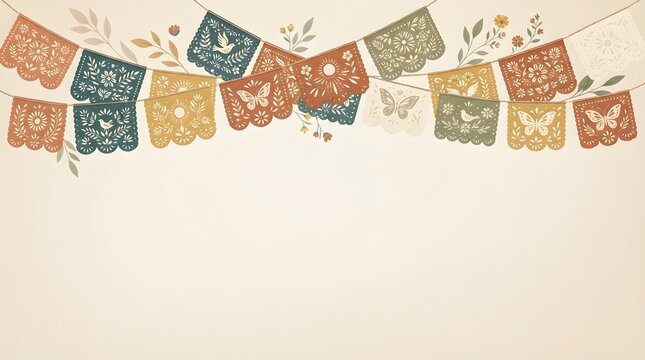 Festive paper cut bunting garland with floral and butterfly patterns on a light background.