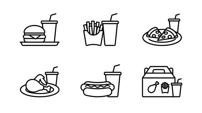 Fast food combo meal line icon set for restaurant menus