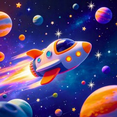 Fototapeta premium Colorful Cartoon Rocket Flying Through Magical Outer Space with Planets and Stars